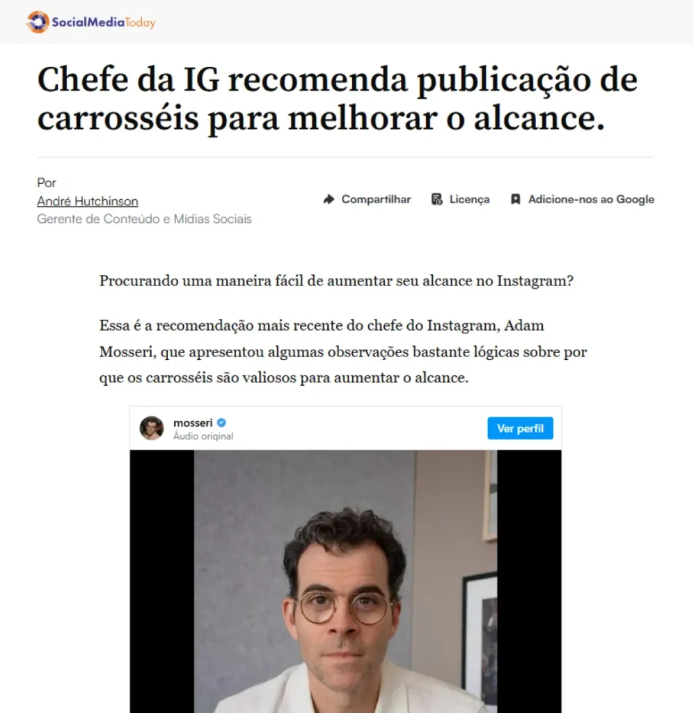 Reportagem: chefe do Instagram recomenda publicação de carrosséis para melhorar o alcance